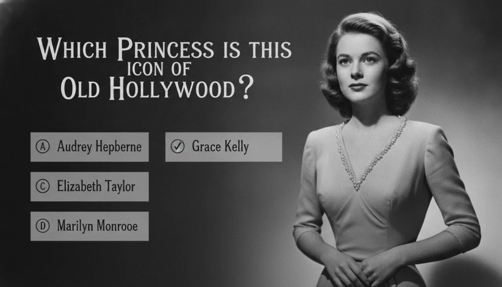 A multiple-choice quiz image showing a black and white portrait of Grace Kelly with four options below it