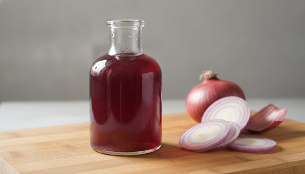 Clear liquid of red onion rinse in a glass bottle ready for use with a few fresh red onion slices beside it