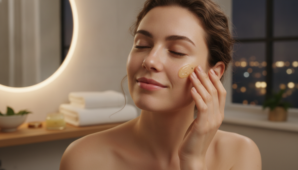 A woman gently applying a small amount of the homemade Vaseline and Vitamin C balm to her face at night