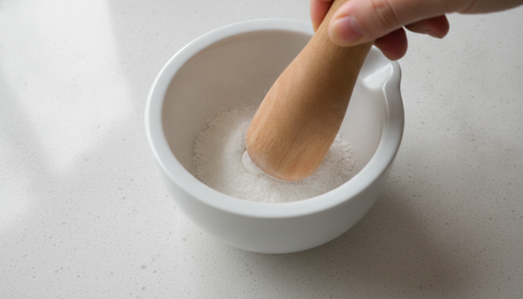 Close-up of a white vitamin C tablet being crushed into a fine powder on a clean surface