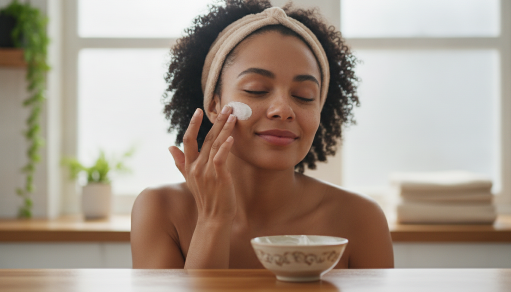A woman gently applying a homemade face mask to her clean face with her fingertips showing a close-up of her smooth skin