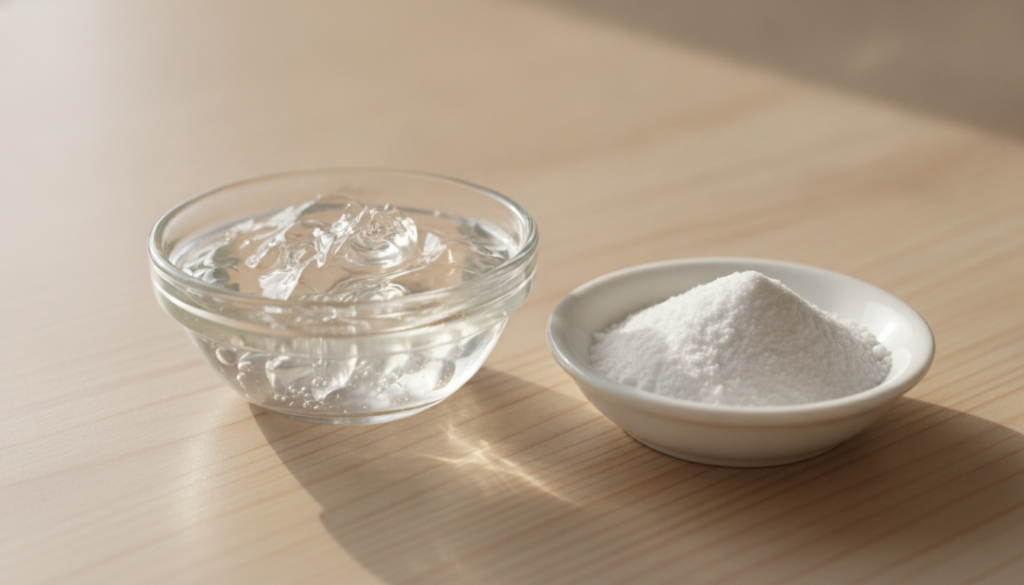 A close-up of a small bowl containing Vaseline and a separate container of baking soda with a mixing spoon nearby on a c
