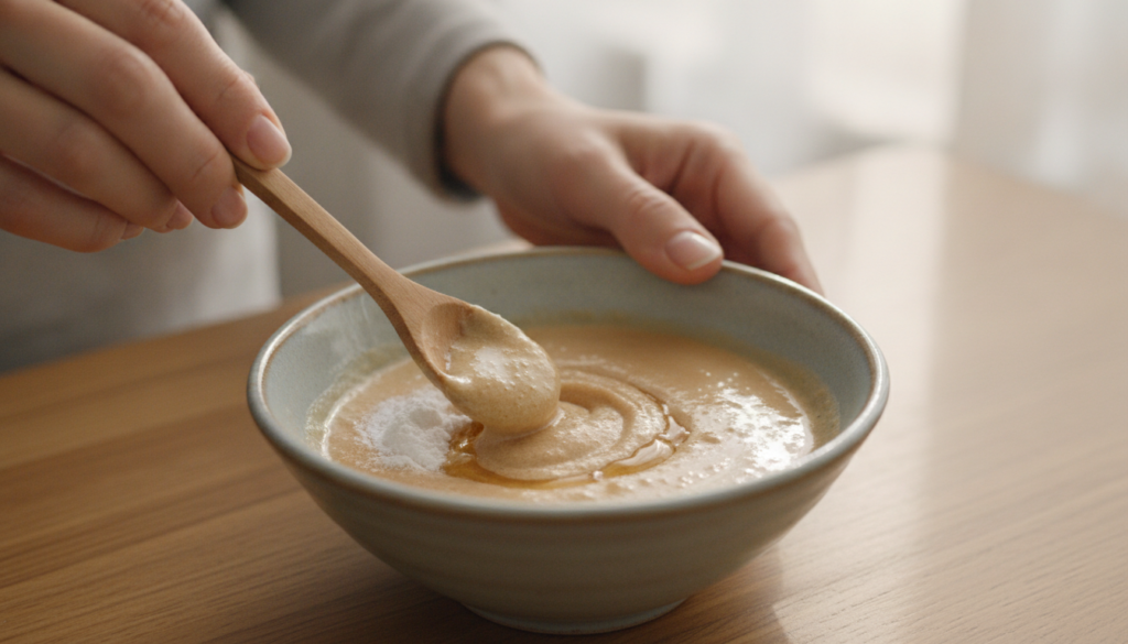 Hands mixing baking soda honey and water in a small bowl to form a smooth paste for a face mask