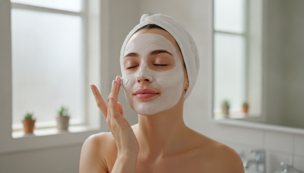 A woman gently applying a DIY face mask to her clean face in a brightly lit bathroom looking at her reflection with a se