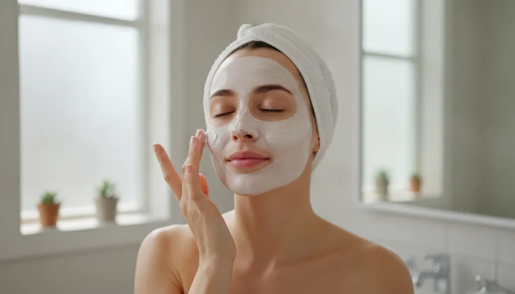 A woman gently applying a DIY face mask to her clean face in a brightly lit bathroom looking at her reflection with a se
