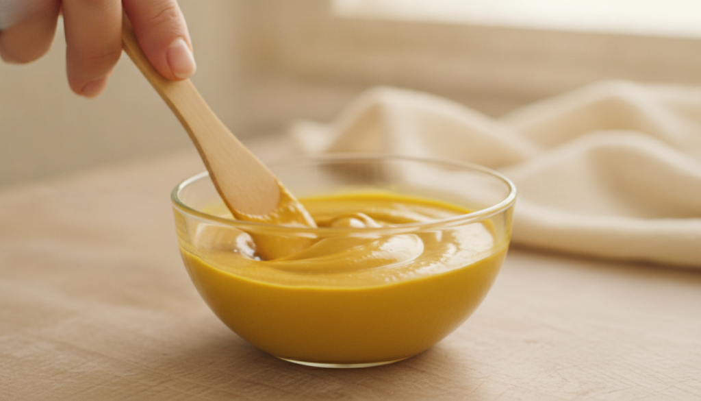 A small glass bowl filled with a golden yellow mixture of turmeric and baby oil with a gentle hand mixing it using a sma