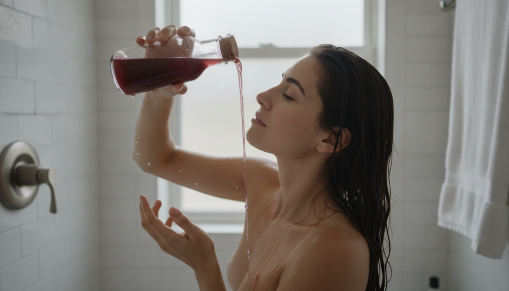 A woman pouring red onion hair rinse over her freshly washed hair in a shower focusing on the scalp