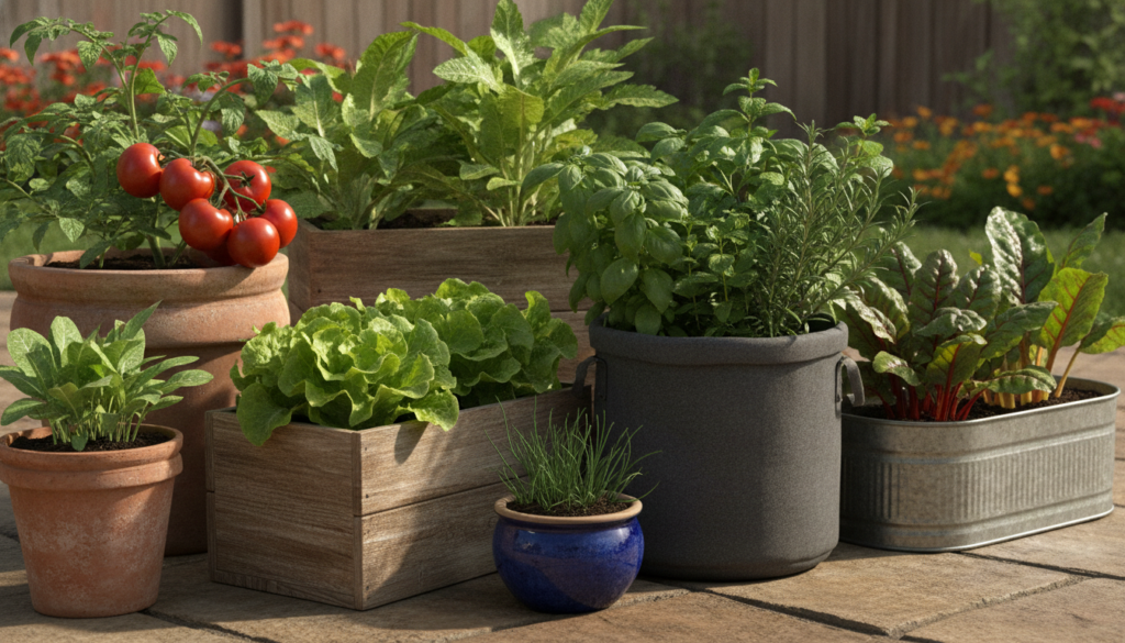 A vibrant array of various vegetables like tomatoes lettuce and herbs growing in diverse safe containers such as terraco