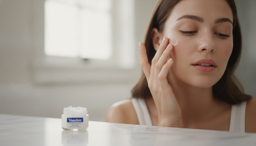 A woman gently applying a small amount of Vaseline to her face with a soft natural glow She looks relaxed and happy with