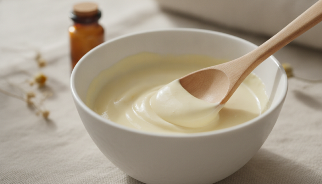 A close-up of a DIY face mask being mixed in a small clean bowl with a spoon highlighting natural ingredients The textur