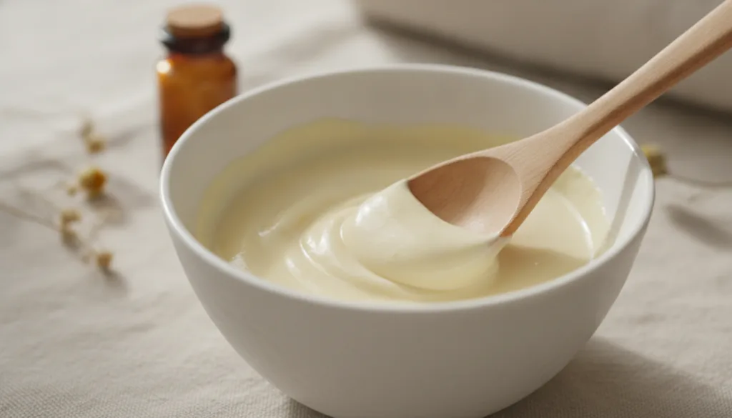 A close-up of a DIY face mask being mixed in a small clean bowl with a spoon highlighting natural ingredients The textur