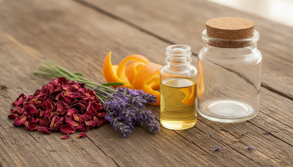A collection of natural ingredients like rose petals lavender sprigs and orange peels next to a small bottle of baby oil