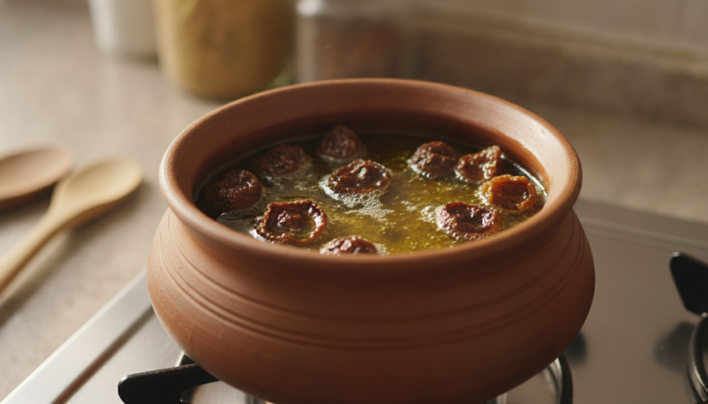 A close-up shot of dried amla pieces gently simmering in a pot of golden coconut oil on a stovetop with a warm soft ligh
