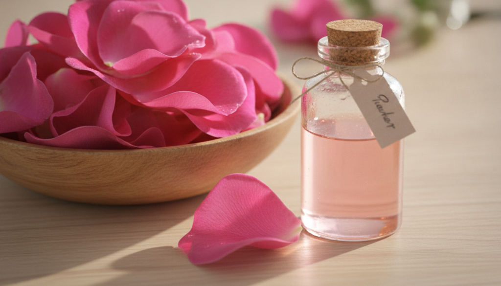 A close-up of fresh vibrant pink rose petals in a bowl next to a glass bottle of homemade rose water toner with a label 