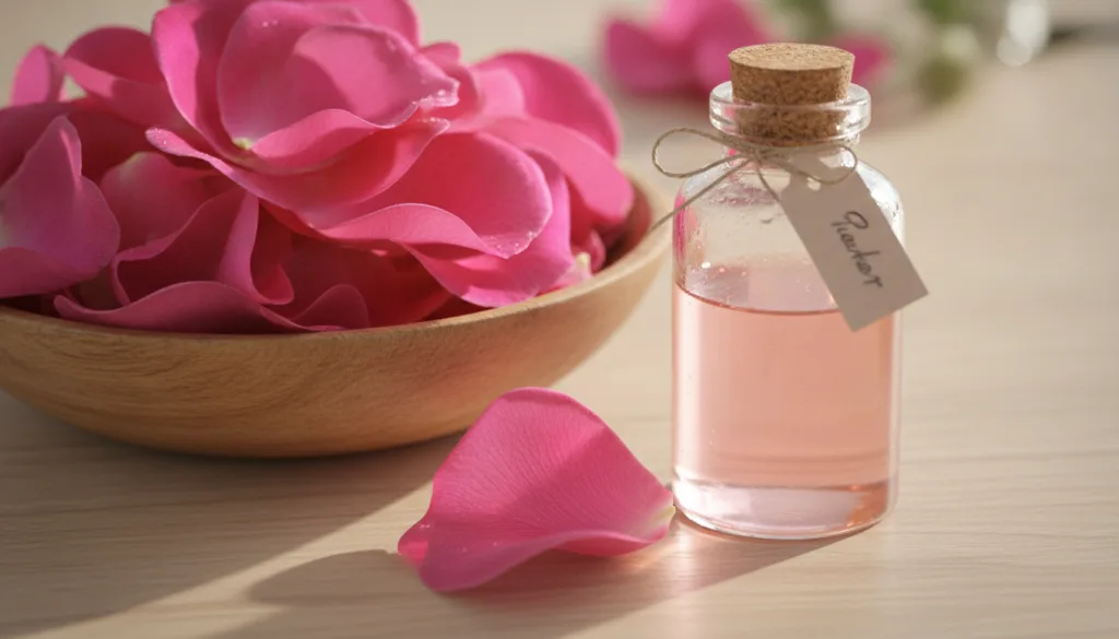 A close-up of fresh vibrant pink rose petals in a bowl next to a glass bottle of homemade rose water toner with a label 