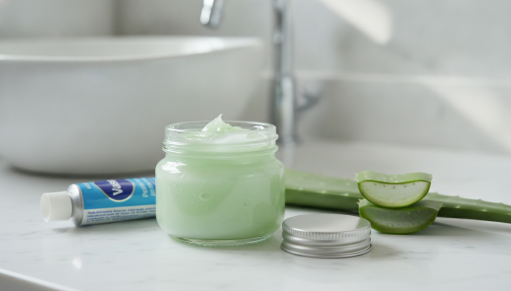 A small glass jar containing a creamy light green mixture of Vaseline and aloe vera gel The background is a clean bright