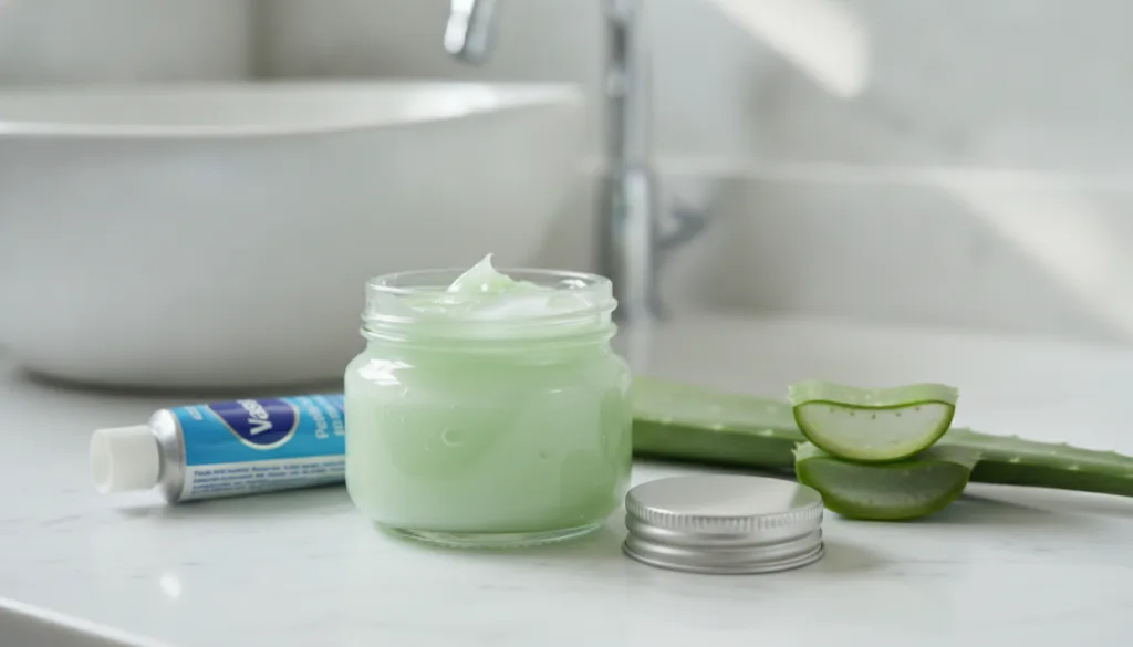 A small glass jar containing a creamy light green mixture of Vaseline and aloe vera gel The background is a clean bright
