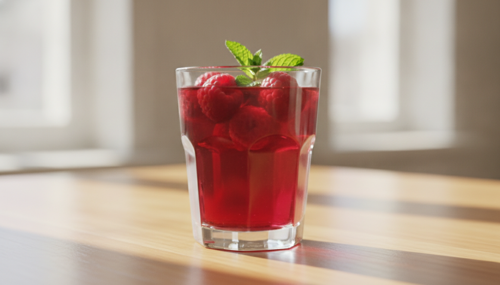 A vibrant red collagen drink in a clear glass garnished with fresh berries and a hint of mint placed on a light wooden t