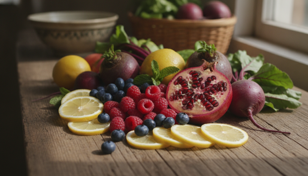 A variety of fresh colorful fruits and vegetables known for their collagen-boosting and antioxidant properties such as b