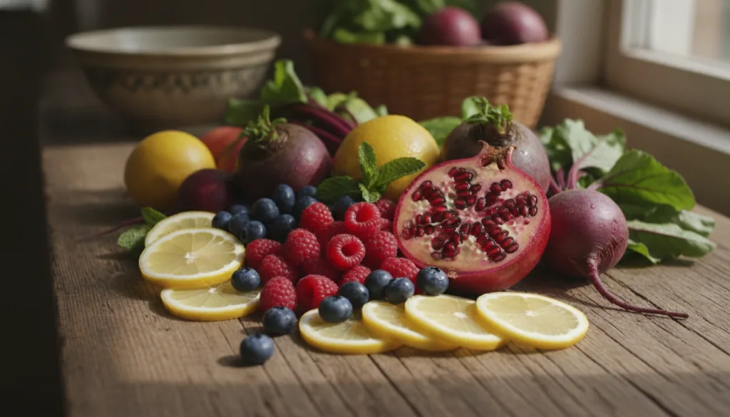 A variety of fresh colorful fruits and vegetables known for their collagen-boosting and antioxidant properties such as b