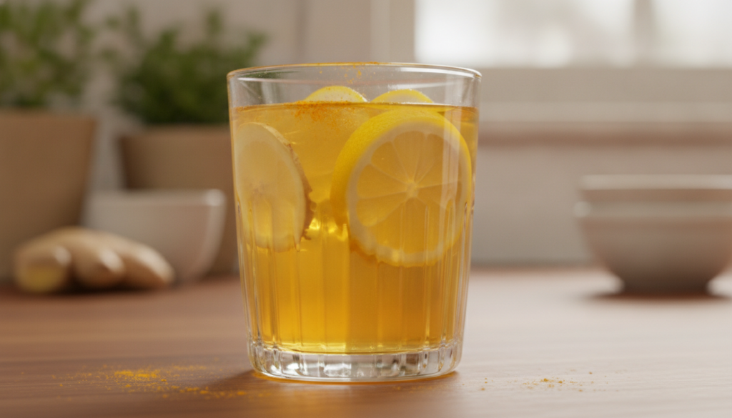A vibrant golden liquid elixir in a stylish glass garnished with fresh ginger slices lemon wedges and a sprinkle of turm