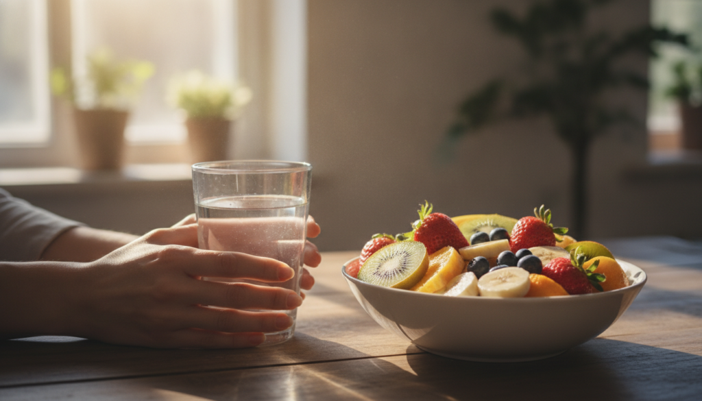A person s hands holding a glass of water next to a bowl of fresh fruits with sunlight streaming in symbolizing hydratio