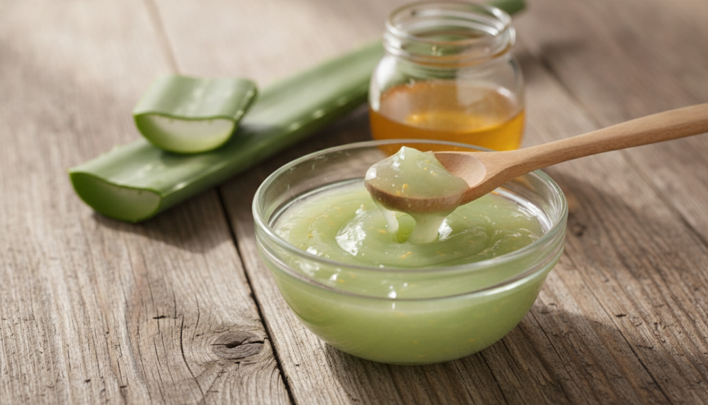 A close-up of a glass bowl containing a freshly mixed aloe vera and honey mask with fresh aloe leaf and a small jar of h