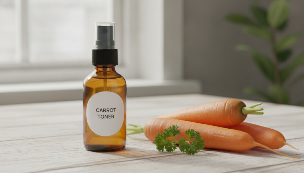A homemade carrot toner in a small amber glass spray bottle surrounded by fresh carrots and a few green leaves on a ligh