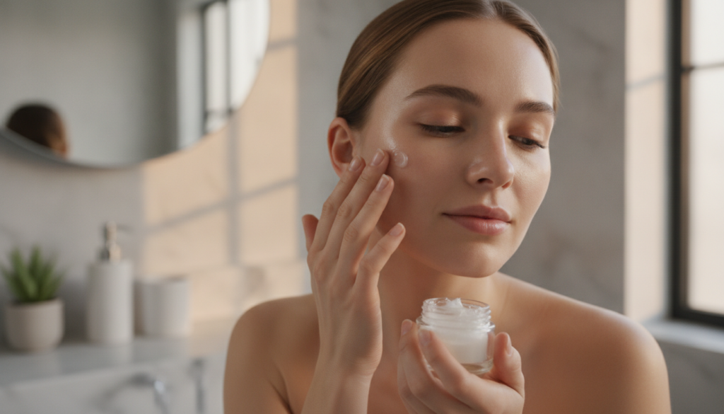 A woman gently patting a tiny amount of Vaseline onto her clean face showing a soft dewy effect