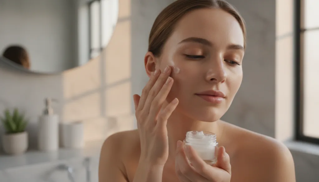 A woman gently patting a tiny amount of Vaseline onto her clean face showing a soft dewy effect
