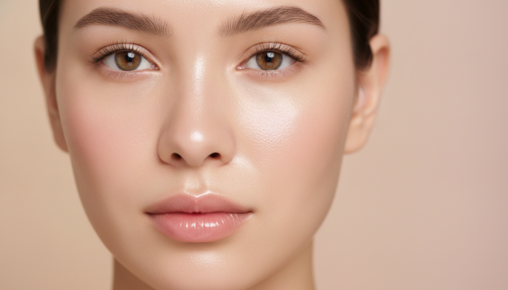 A close-up of a person s face showcasing smooth hydrated and reflective glass skin with a healthy glow