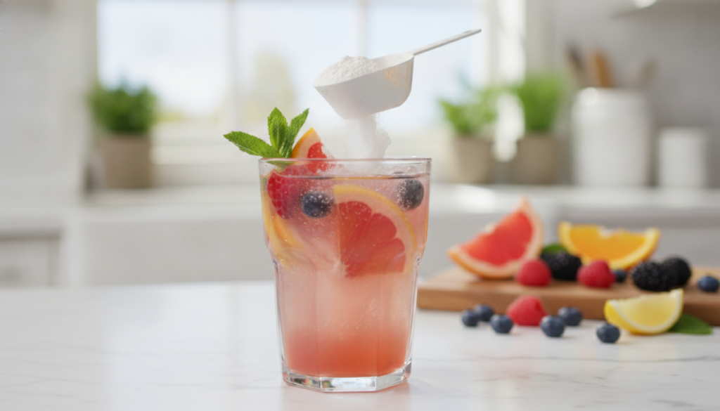 A vibrant healthy-looking drink with fresh fruits and collagen powder suggesting a collagen elixir