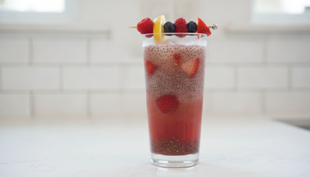 A refreshing glass of a pinkish-red collagen-boosting drink with chia seeds settled at the bottom and floating garnished