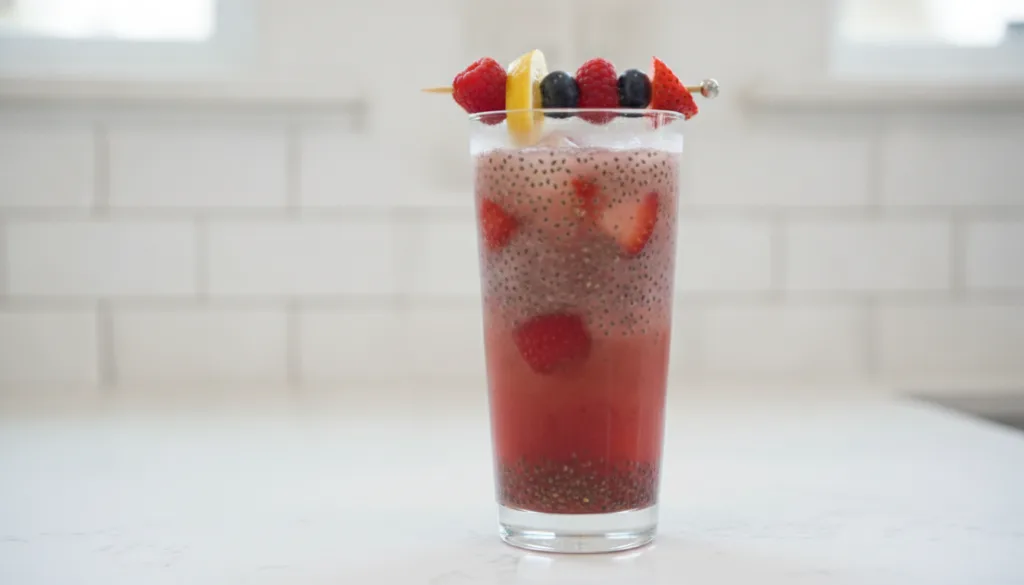 A refreshing glass of a pinkish-red collagen-boosting drink with chia seeds settled at the bottom and floating garnished