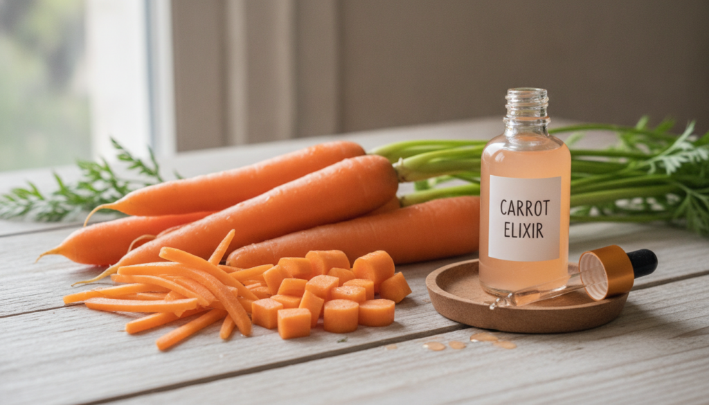 A close-up shot of fresh vibrant carrots some peeled and chopped next to a small bottle of homemade carrot toner with a 