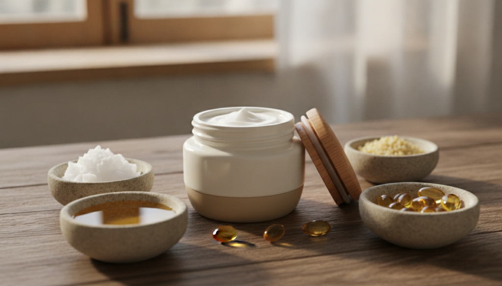 A small elegant jar of homemade collagen cream on a rustic wooden surface surrounded by ingredients like coconut oil alm
