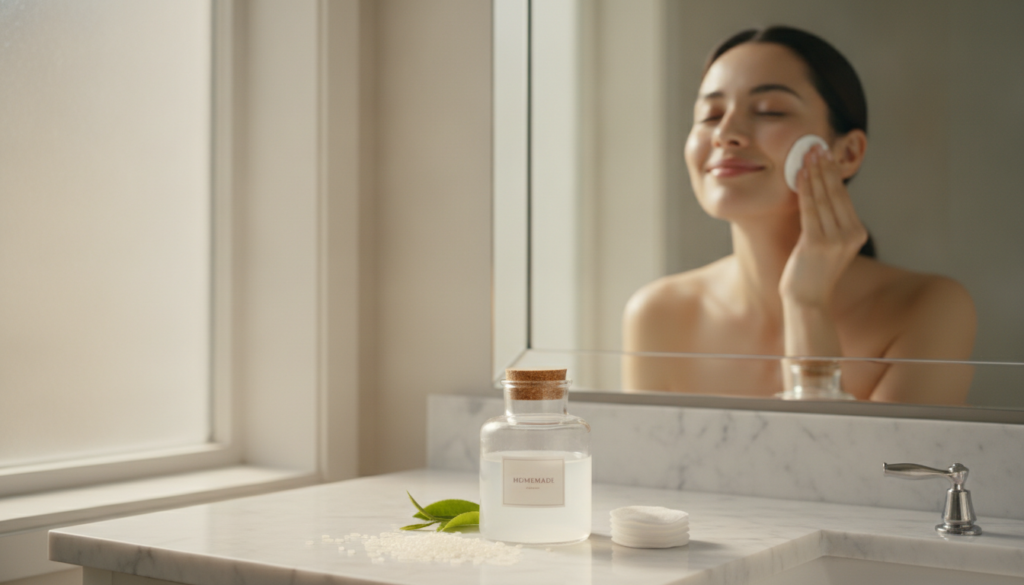 A woman with radiant clear skin gently patting a cotton pad soaked in rice water toner onto her face A small clear glass