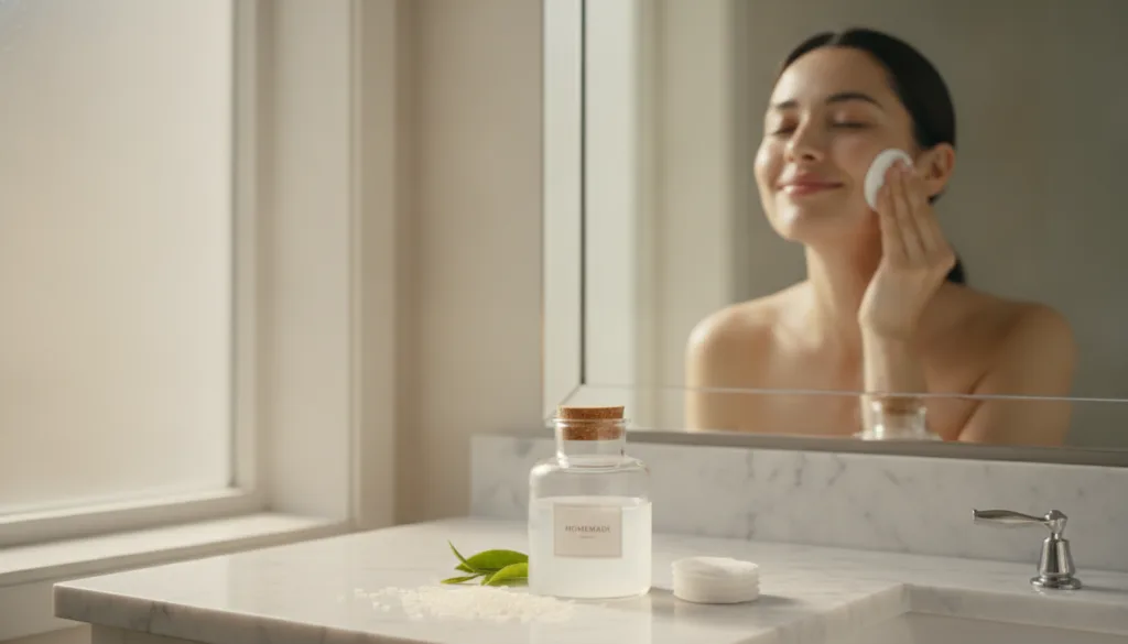 A woman with radiant clear skin gently patting a cotton pad soaked in rice water toner onto her face A small clear glass