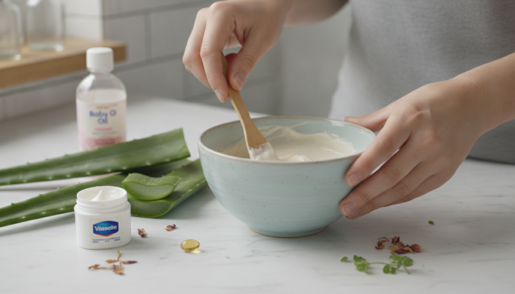 A person s hands gently mixing natural ingredients in a small bowl with various skincare ingredients like small jars of 