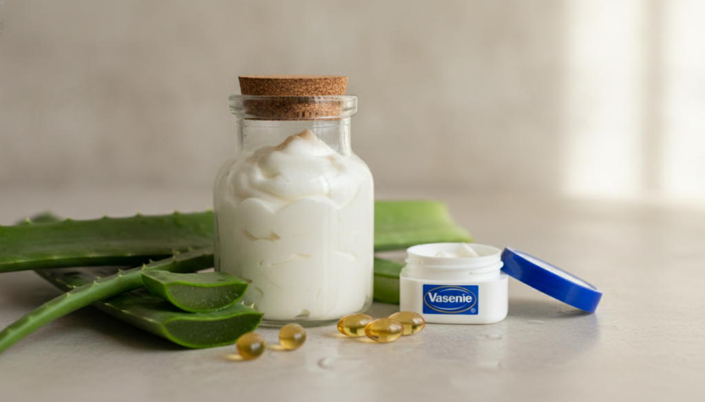 A close-up of a small elegant glass jar filled with a homemade white cream surrounded by fresh natural ingredients like 