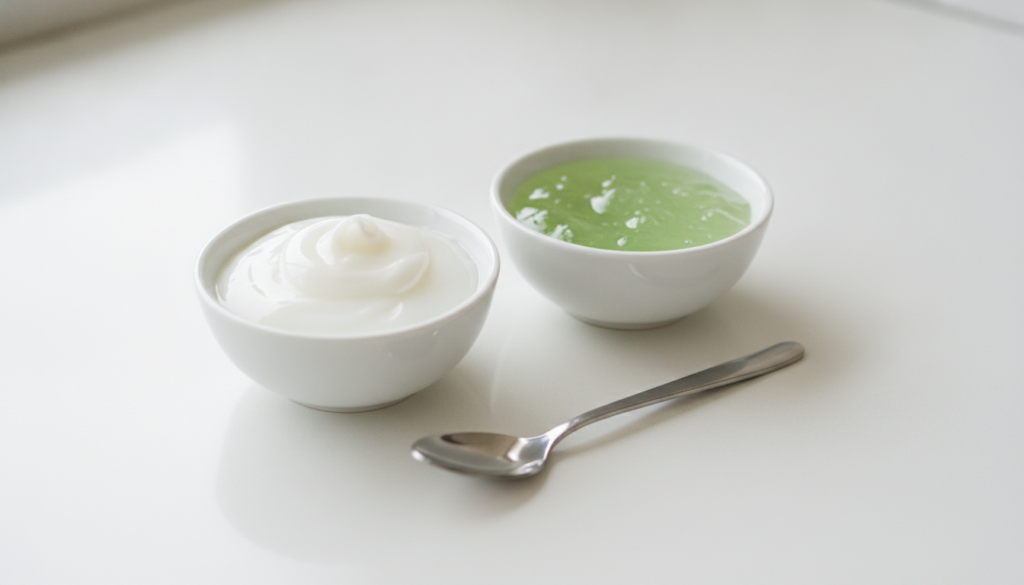 Two small bowls one containing a dollop of white petroleum jelly Vaseline and the other containing clear green aloe vera