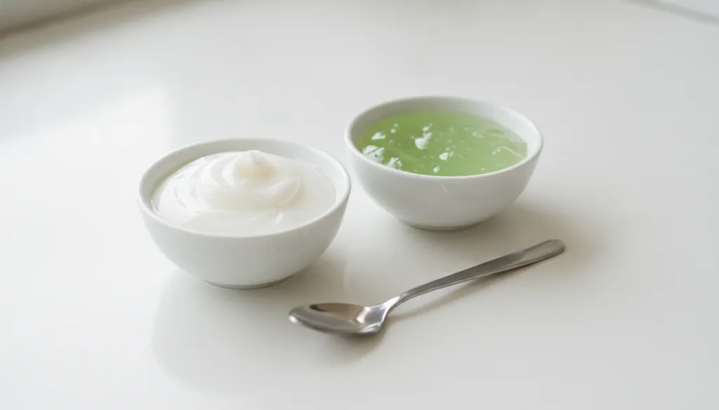 Two small bowls one containing a dollop of white petroleum jelly Vaseline and the other containing clear green aloe vera