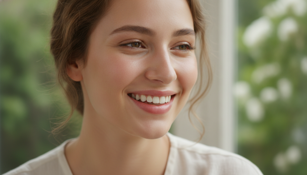 A close-up of a smiling woman with radiant clear and youthful skin looking fresh and natural Soft diffused lighting high