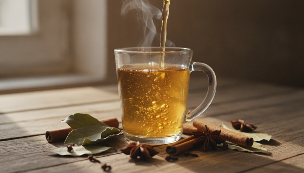A beautiful pour of a golden-colored spiced drink into a clear mug with bay leaves cinnamon sticks and star anise around