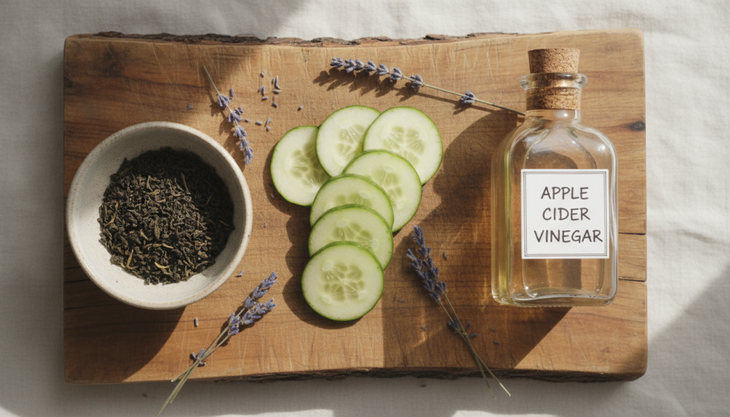 Various natural ingredients for DIY toners displayed on a wooden board This includes sliced cucumber a bowl of green tea