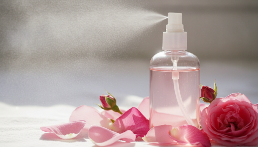 A close-up of a glass spray bottle filled with pink rosewater surrounded by fresh pink rose petals and a few rosebuds on