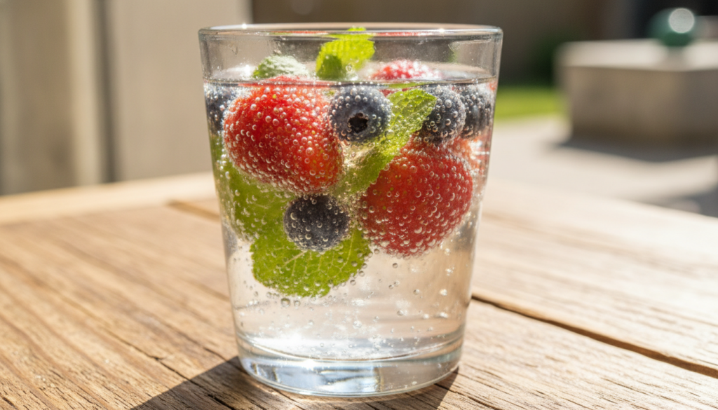 A beautiful clear glass filled with a sparkling fruit-infused water garnished with fresh berries and mint sitting on a r