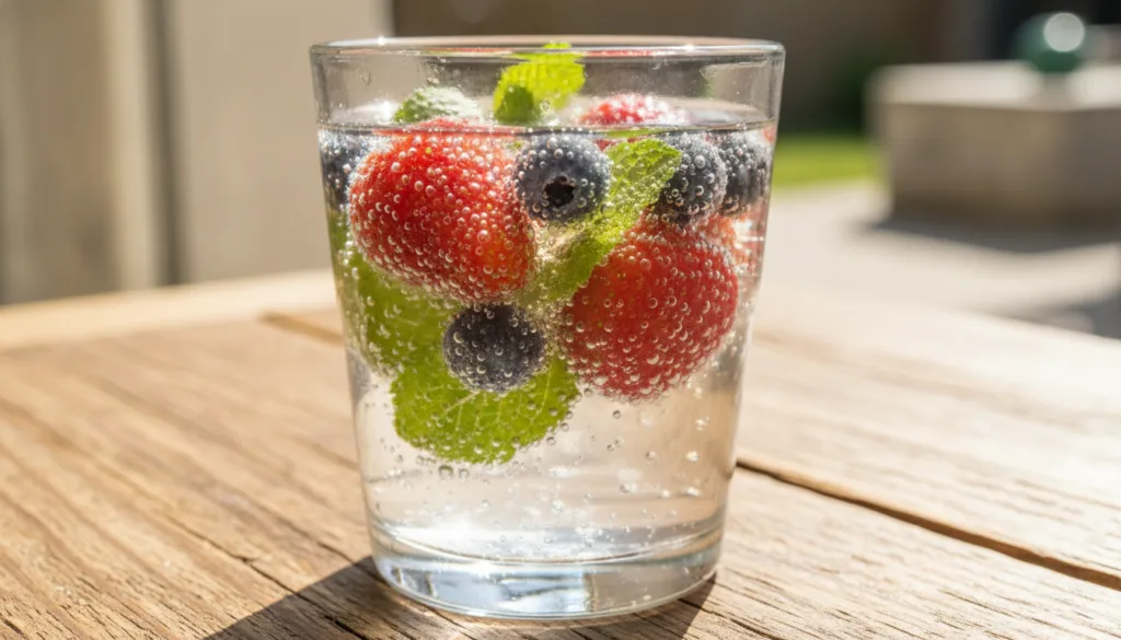 A beautiful clear glass filled with a sparkling fruit-infused water garnished with fresh berries and mint sitting on a r