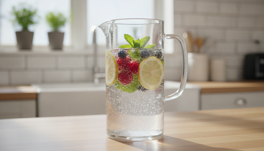 A clear glass pitcher filled with homemade berry and mint sparkling water with sliced lemons visible next to a few glass