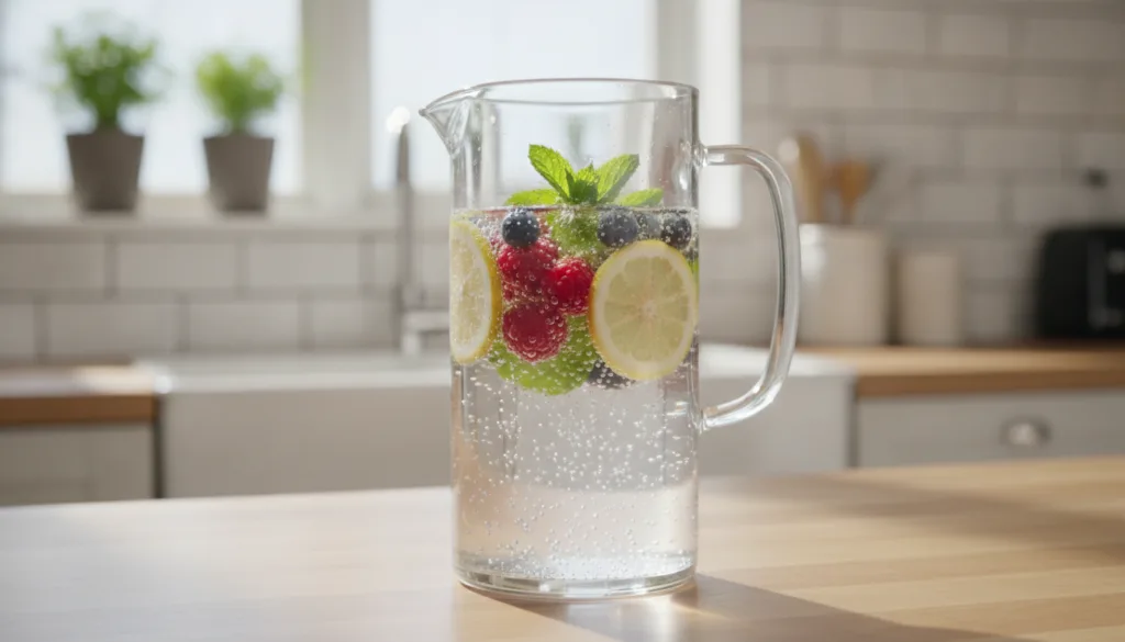 A clear glass pitcher filled with homemade berry and mint sparkling water with sliced lemons visible next to a few glass